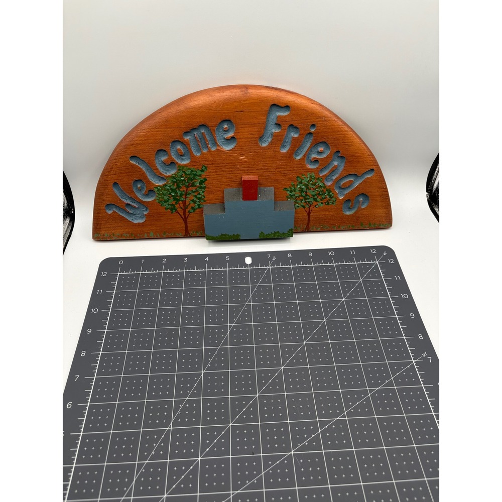 Vintage Rustic Wooden Welcome Friends Wall Sign Hand Painted Folk Art Plaque